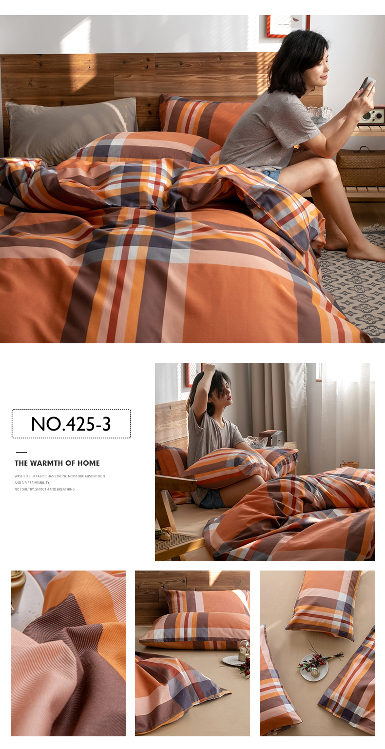 4 PCS Bed Sheet Orange Plaid