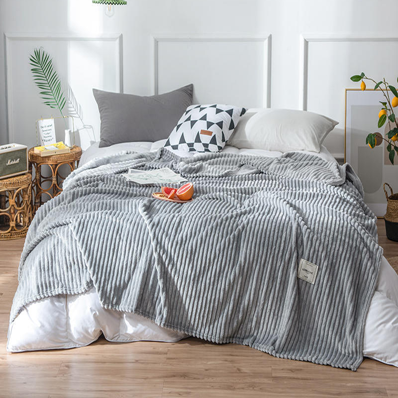 Cozy Plush Polyester Blanket Light Grey Stripe Design