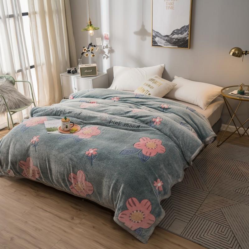 Green Print Floral Cuddly Wool Blanket Dual-Sided