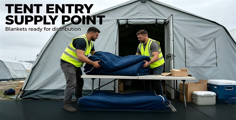 Recycled polyester relief blanket shown in a practical supply setting for bulk order selection.
