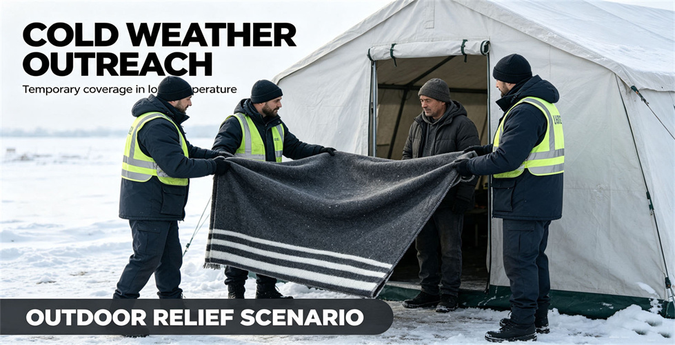 Recycled polyester relief blanket shown in a practical supply setting for final purchase approval.