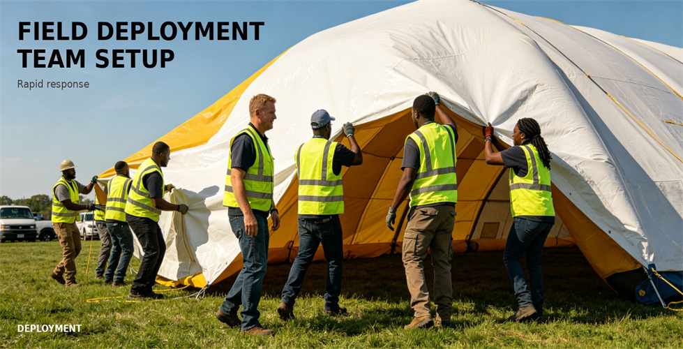 A field team deploys a large emergency inflatable tent for procurement review and field shelter operations A field team deploys a large emergency inflatable tent for procurement review and field shelter operations