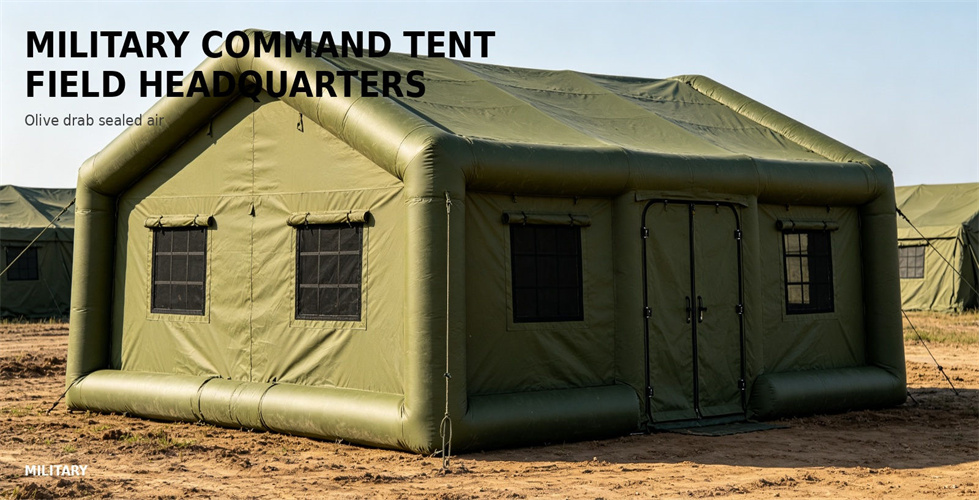 An olive-green inflatable command tent deployed in an open field for bulk procurement review