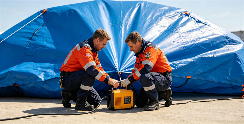 Technicians check portable inflation equipment beside a blue tent body for bulk procurement review Technicians check portable inflation equipment beside a blue tent body for bulk procurement review