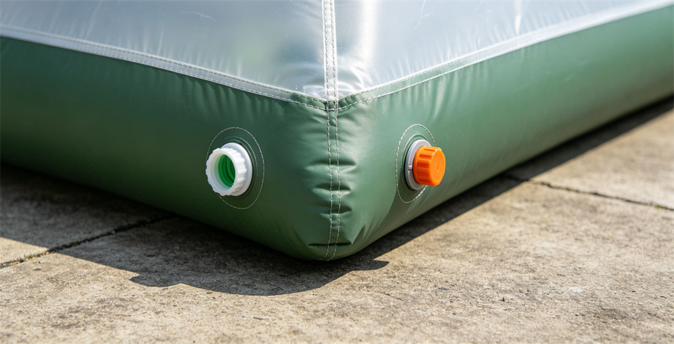 Two air valves fitted to the corner of an inflatable tent tube for procurement review and field shelter operations