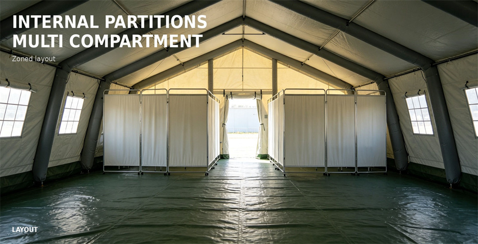 Internal partitions divide an inflatable tent into multiple compartments for bulk procurement review