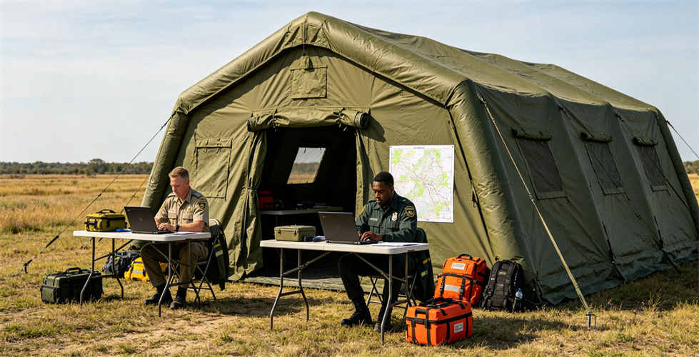 Personnel work at tables inside an olive-green field command tent for bulk procurement review