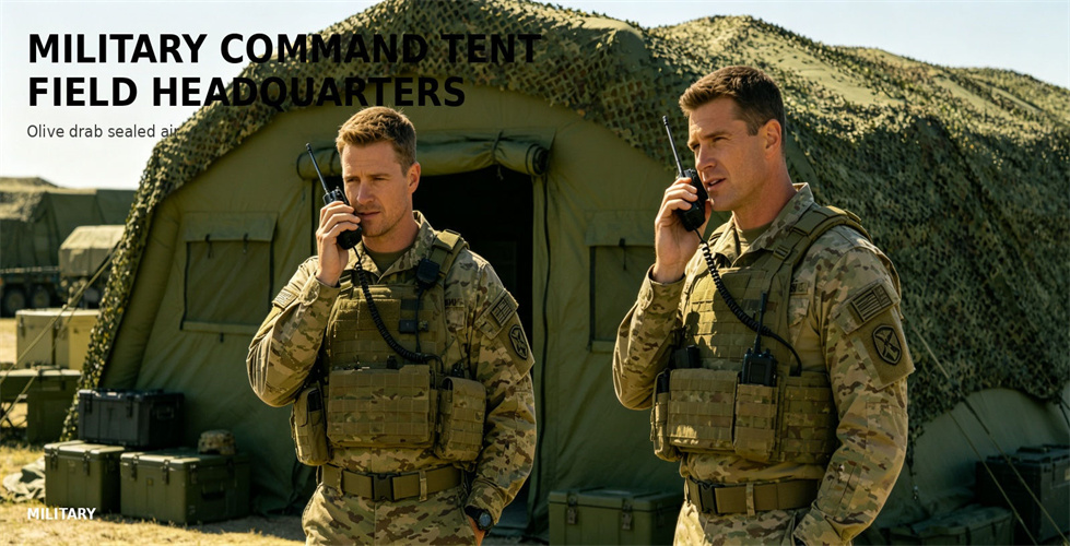 Field personnel use communications equipment beside an inflatable command tent for bulk procurement review