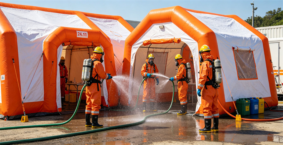 Personnel carry out a wash-down process beside an inflatable decontamination tent