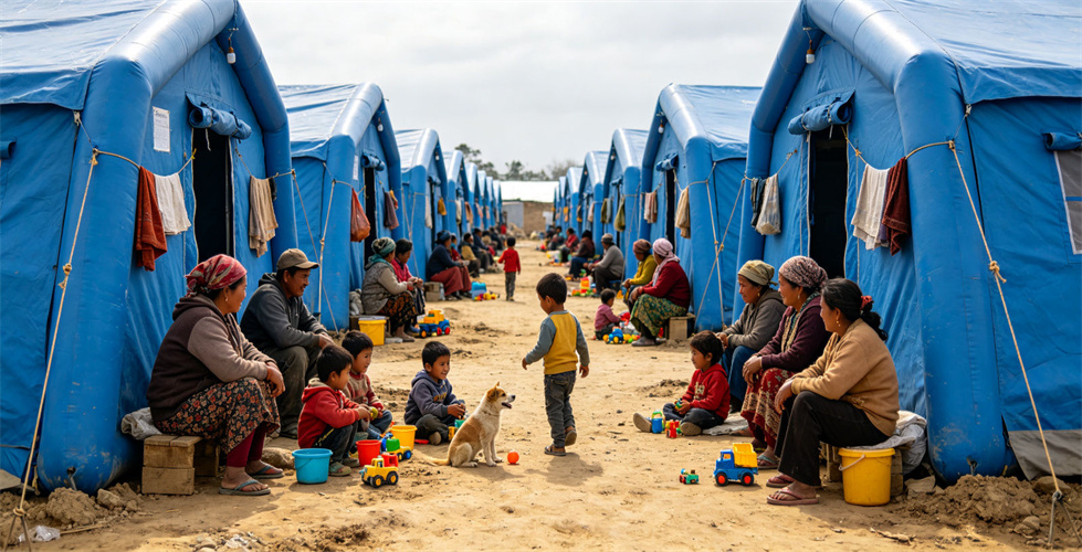 Families gather beside blue inflatable tents in a relief settlement for bulk procurement review