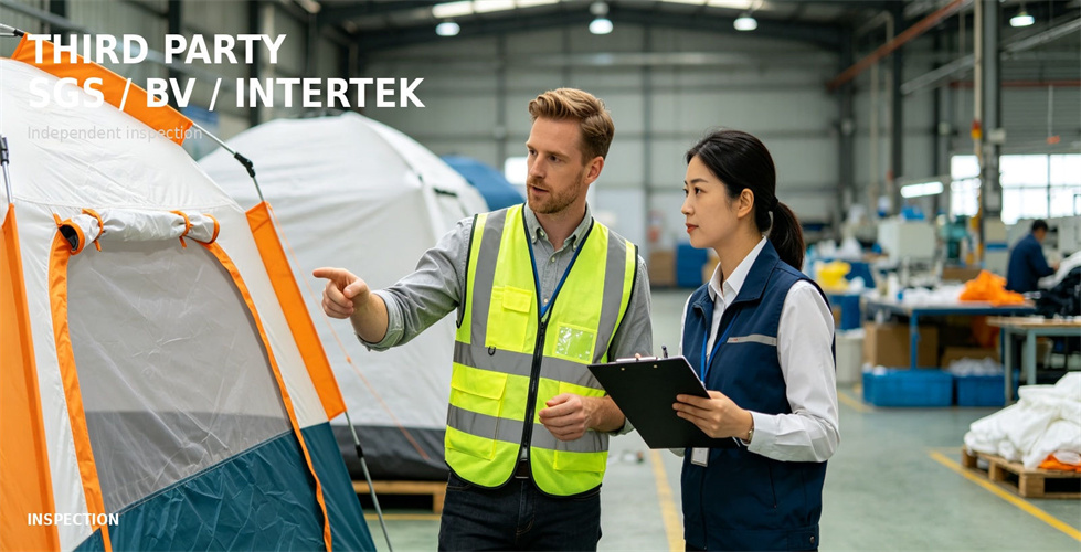 Inspection personnel review an inflatable tent and production records for bulk procurement review