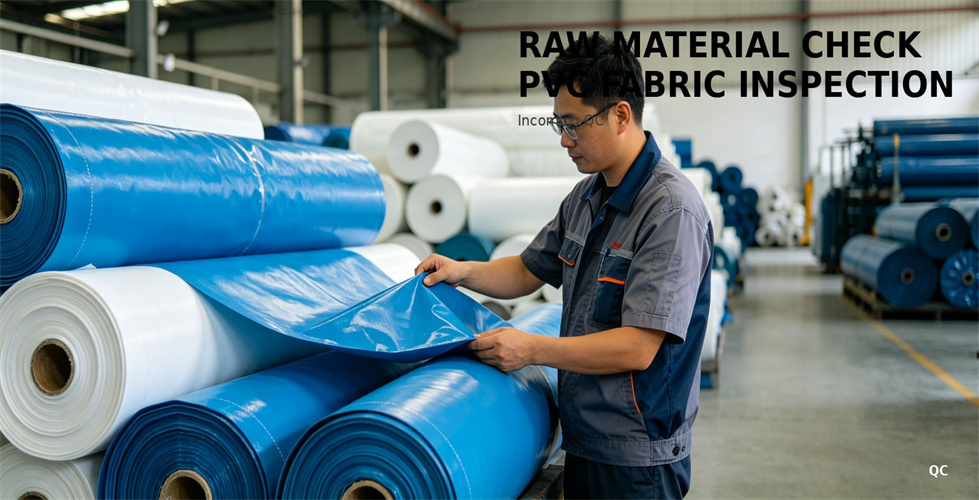 A worker inspects coated fabric rolls for inflatable tent production for bulk procurement review A worker inspects coated fabric rolls for inflatable tent production for bulk procurement review