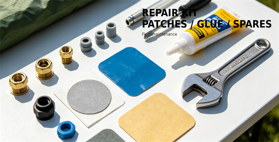 Repair patches, fittings and tools arranged for inflatable tent maintenance for bulk procurement review