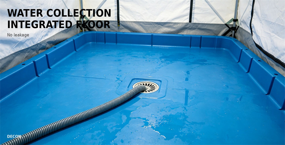 A drainage hose and collection floor are arranged inside an inflatable tent for bulk procurement review