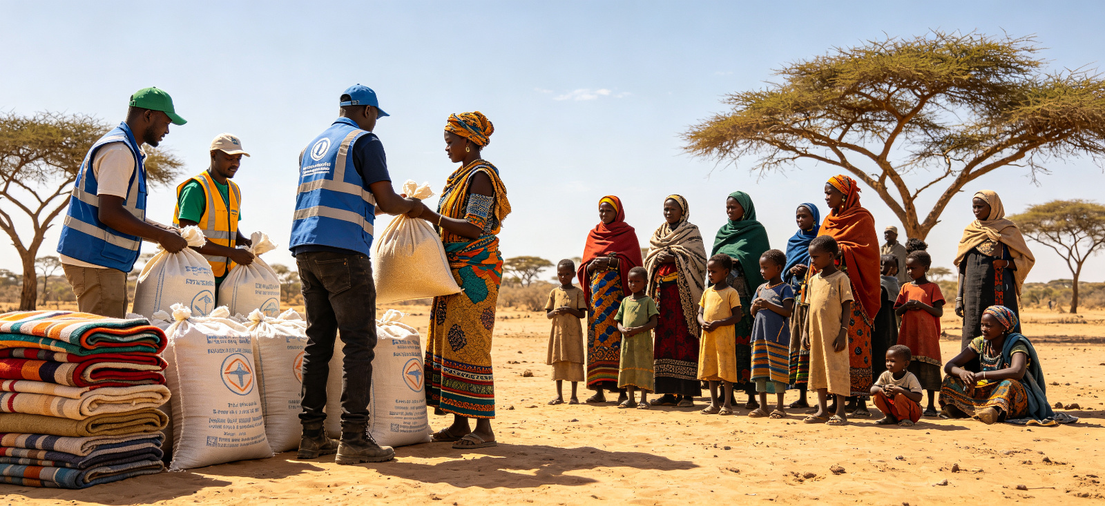 Emergency relief blanket field distribution scene for post-disaster resettlement planning