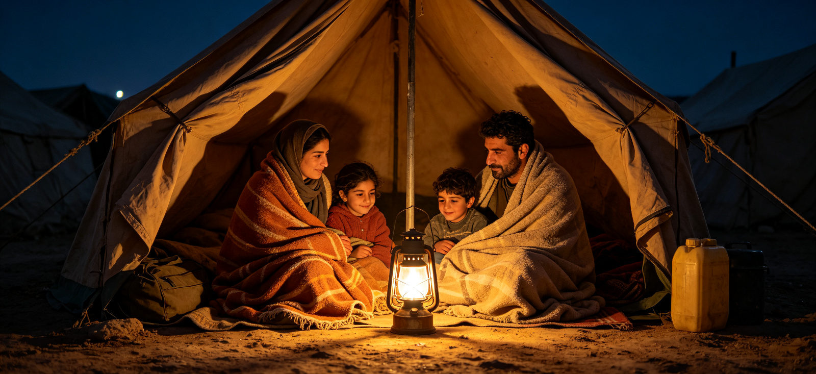 Emergency relief blanket night shelter scene for temporary camp use and family warmth support
