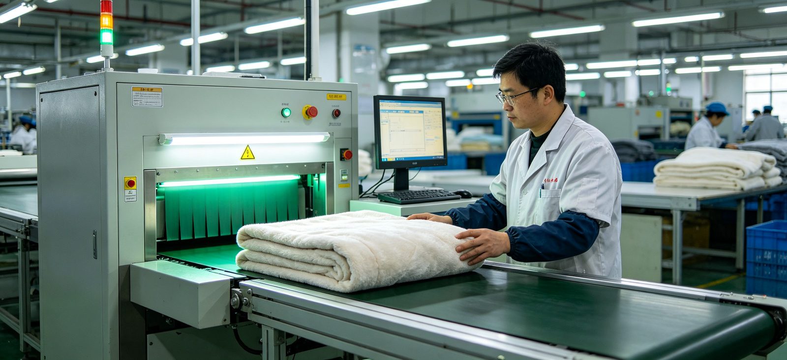 Emergency relief blanket fabric inspection under green light for material quality control