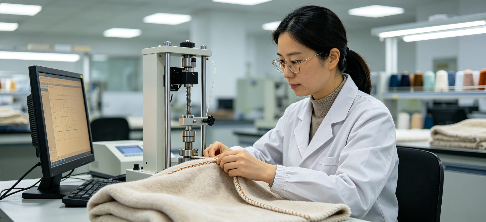 Emergency relief blanket stitching check for workmanship standards and approved sample review