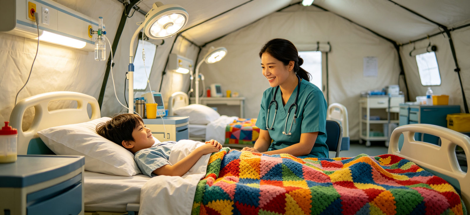 Emergency relief blanket medical shelter scene for vulnerable user comfort and temporary care Emergency relief blanket medical shelter scene for vulnerable user comfort and temporary care