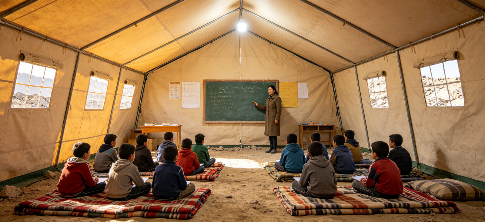 Emergency relief blanket group shelter scene for user experience and safe temporary accommodation Emergency relief blanket group shelter scene for user experience and safe temporary accommodation