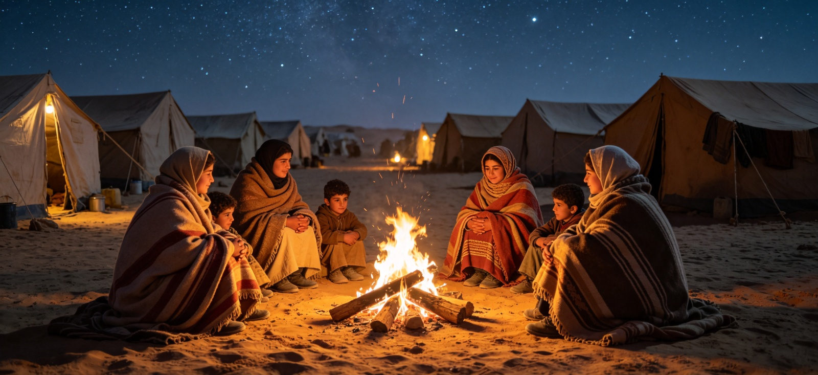 Emergency relief blanket night camp scene for safety considerations and cold-weather sleeping support Emergency relief blanket night camp scene for safety considerations and cold-weather sleeping support