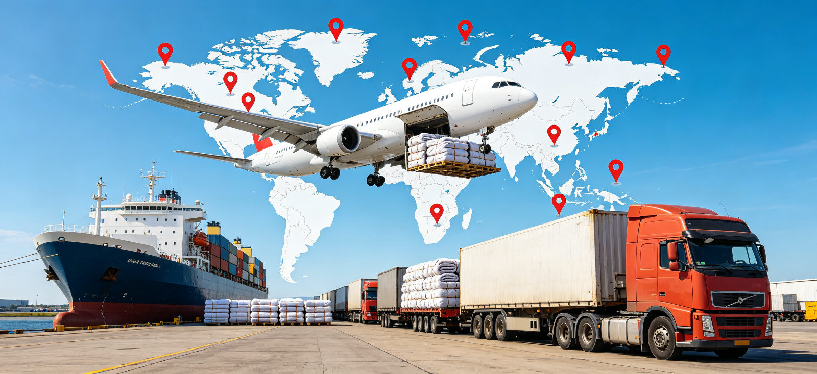 Emergency relief blanket air, sea and truck logistics scene for associated emergency supplies planning