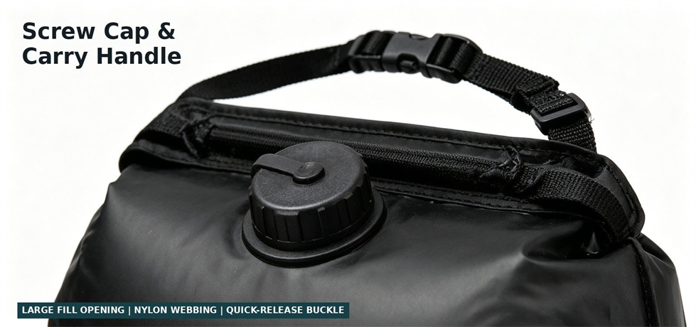 Screw cap and carry handle details on an emergency shower bag for procurement review and emergency hygiene allocation