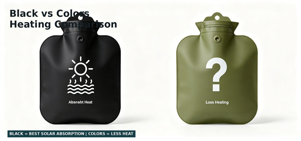 Black and colored shower bags compared for solar heat absorption for bulk procurement review