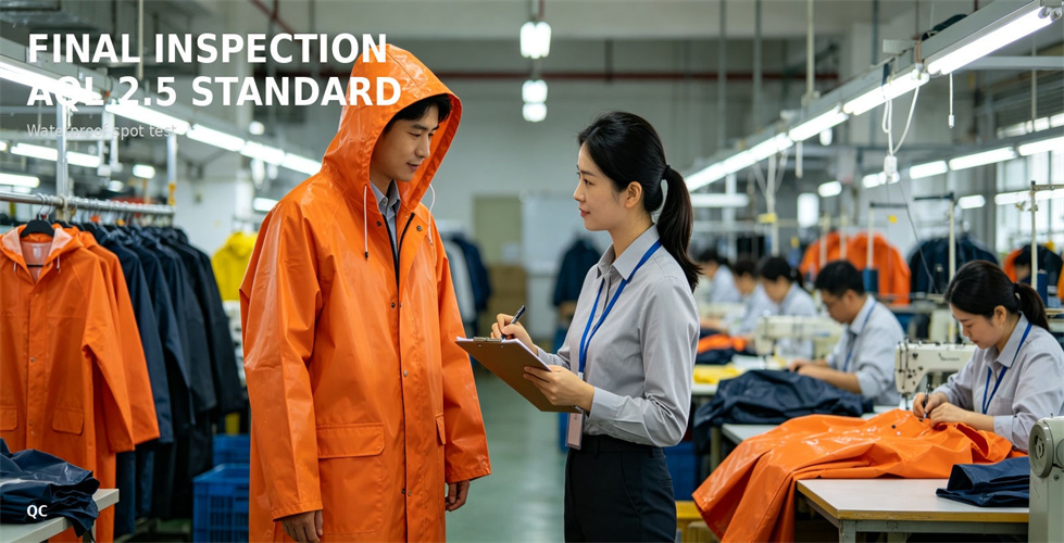 Finished raincoats arranged for final quality inspection for procurement review and emergency team distribution