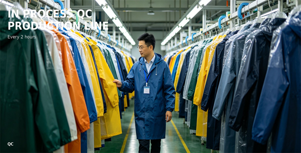 Raincoats moving through production and in-process quality checks for bulk procurement review