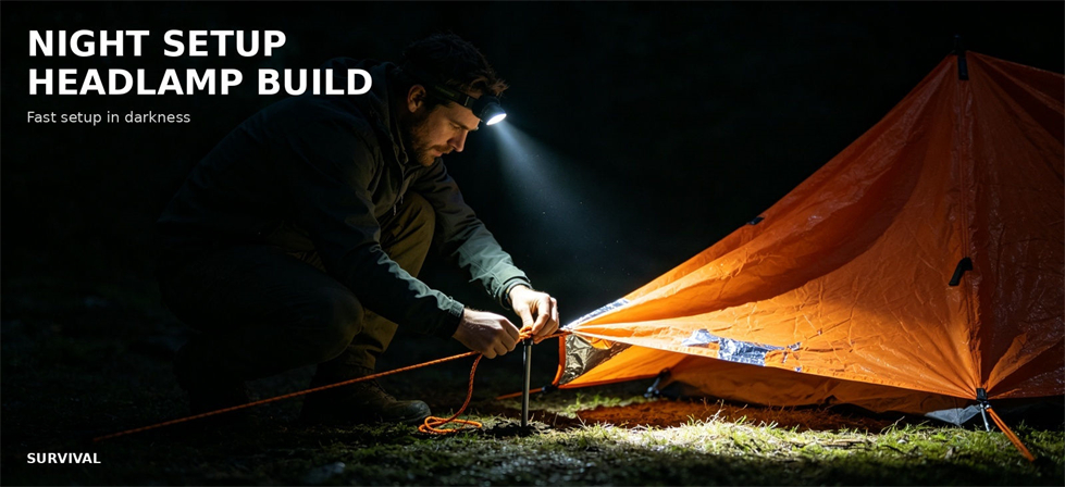Emergency canopy illuminated during a night field setup for procurement review and field distribution planning