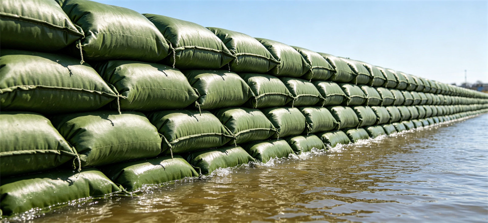 Flood sandbags levee wall for riverbank reinforcement and bulk flood-control material planning