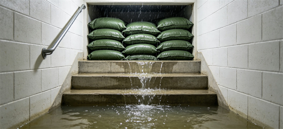Flood sandbags stairwell entrance defence for underground access points and garage flood protection Flood sandbags stairwell entrance defence for underground access points and garage flood protection