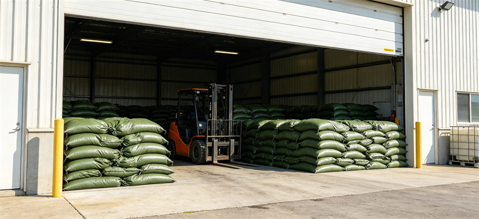 Flood sandbags depot stock arrangement for warehouse perimeter planning and emergency supply staging Flood sandbags depot stock arrangement for warehouse perimeter planning and emergency supply staging