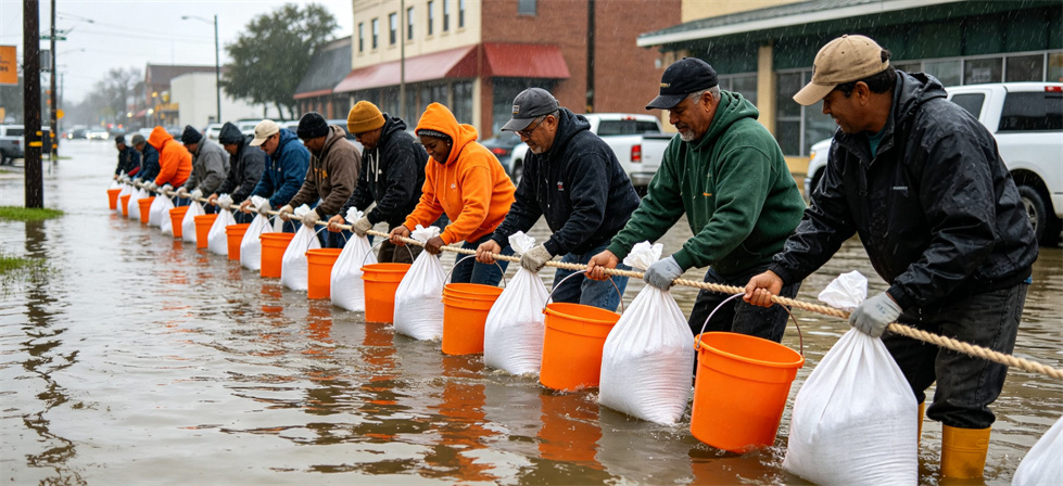 Flood sandbags urban flash-flood deployment with bucket filling and roadside property protection