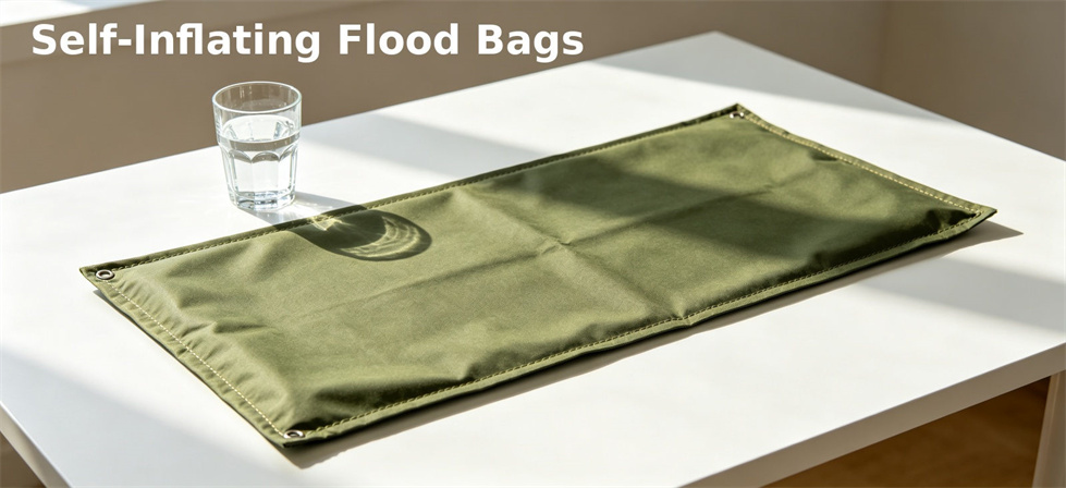 Sandless flood bag flat sample for comparing self-inflating deployment with traditional sandbags Sandless flood bag flat sample for comparing self-inflating deployment with traditional sandbags