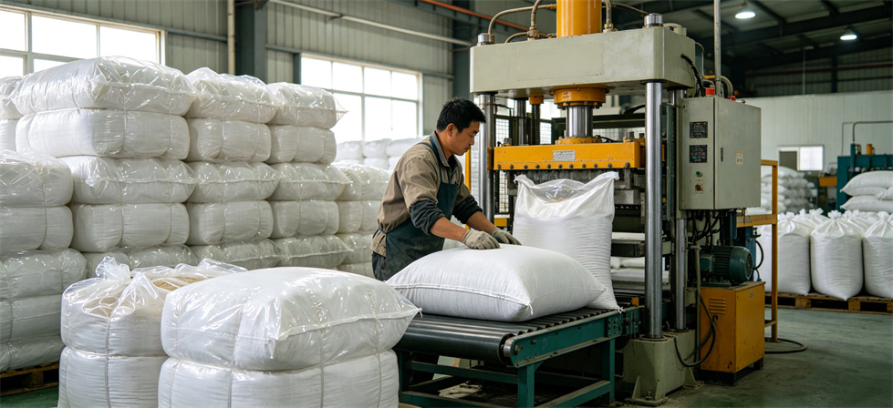 Flood sandbags factory packing line for checking finished bags, bundle quantity and bulk order handling Flood sandbags factory packing line for checking finished bags, bundle quantity and bulk order handling