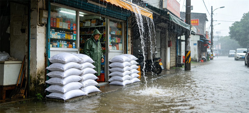 Flood sandbags shopfront protection scene for identifying field mistakes before urban deployment