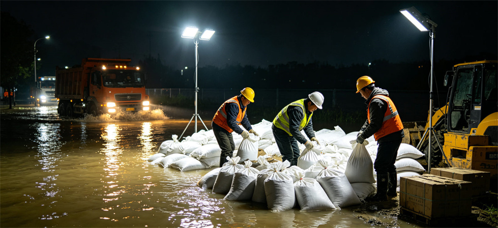 Flood sandbags night deployment scene for urgent field distribution and after-use responsibility planning Flood sandbags night deployment scene for urgent field distribution and after-use responsibility planning