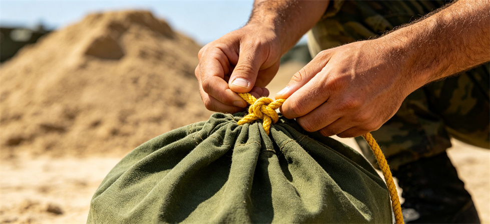Flood sandbags drawstring closure detail for checking fill level, tie security and reuse decisions