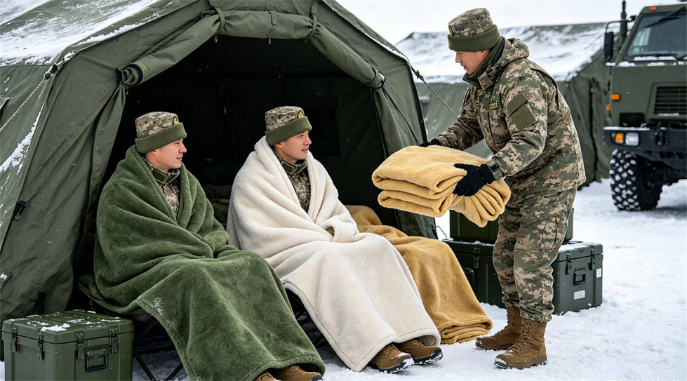 Emergency blanket field-use scene showing solid color brown scene for institutional procurement review