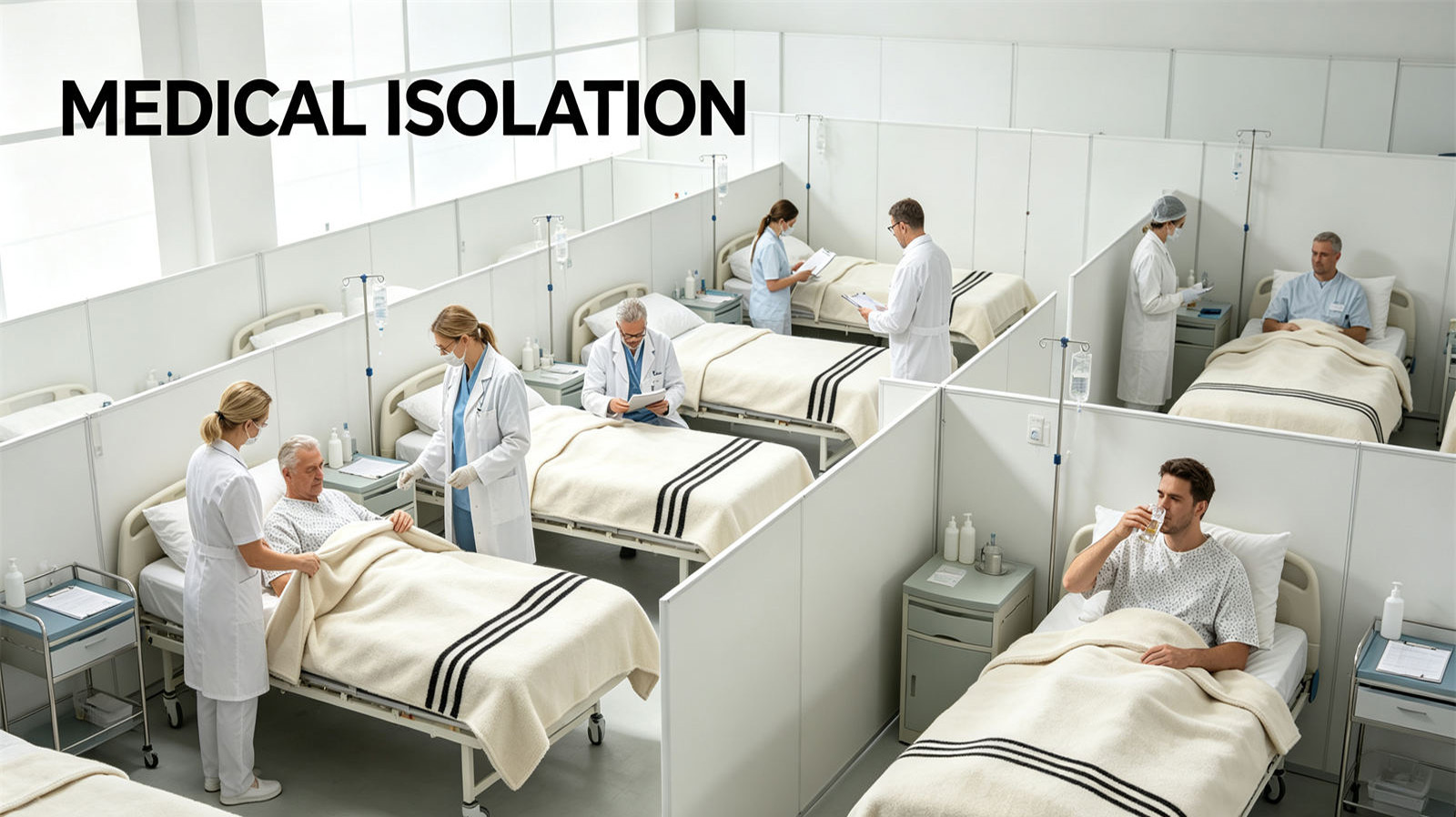 Shelter-project blanket medical isolation ward scene for patient nursing and safety review in temporary accommodation