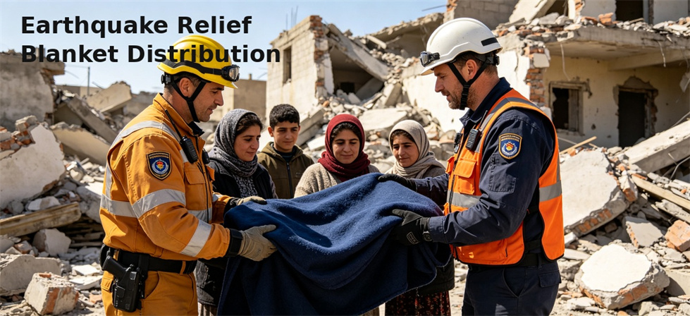 Emergency blanket handover scene introducing GSM selection for institutional relief procurement planning
