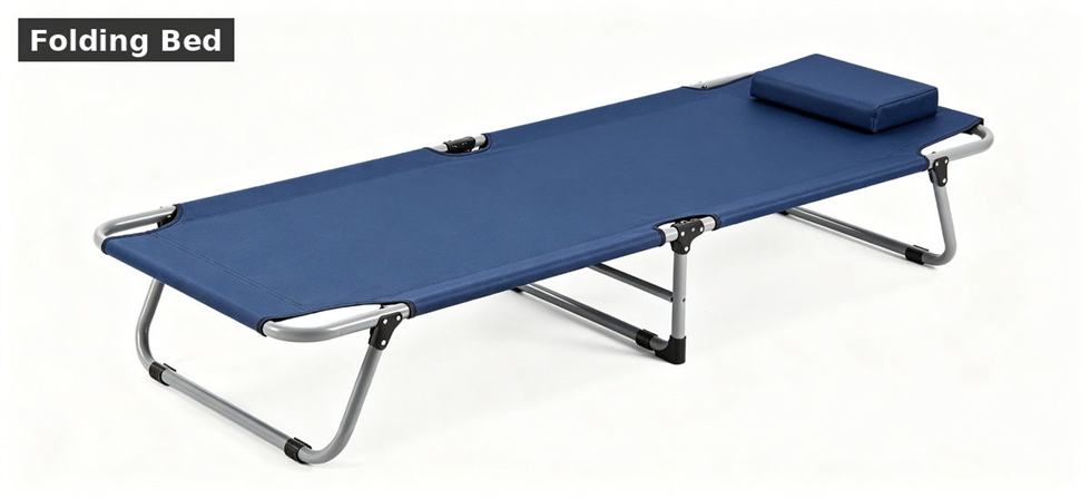 Folding camp bed displayed for emergency shelter and government stockpile planning
