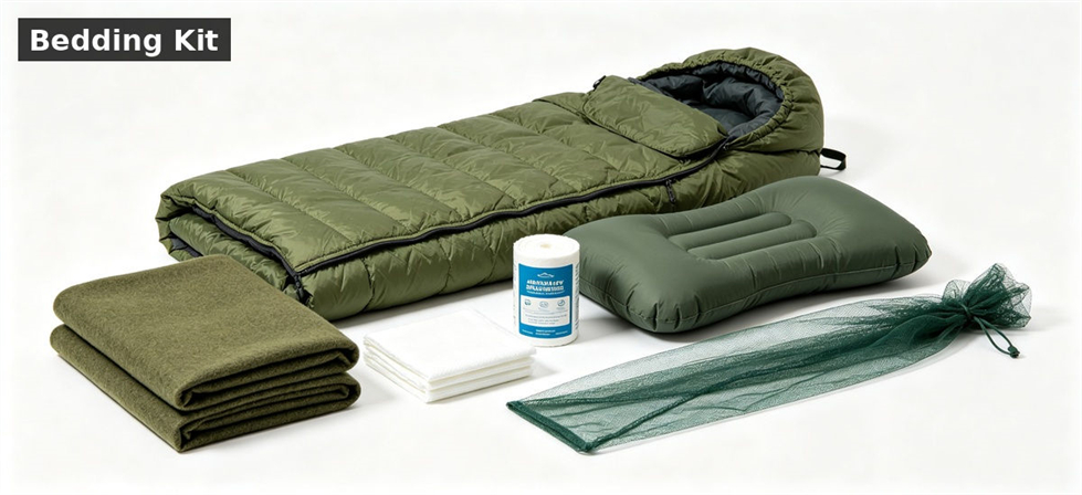 Complete emergency bedding kit unboxed for institutional sample and receiving verification