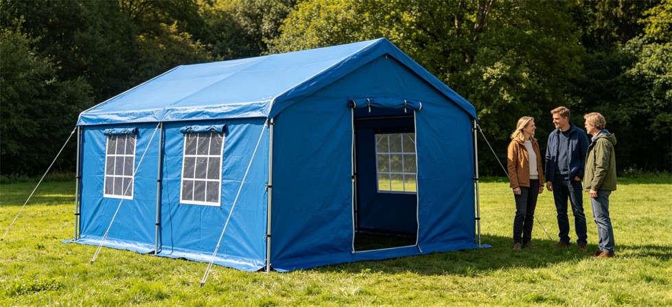 Frame tent assembled shown for lead in institutional relief tent procurement planning