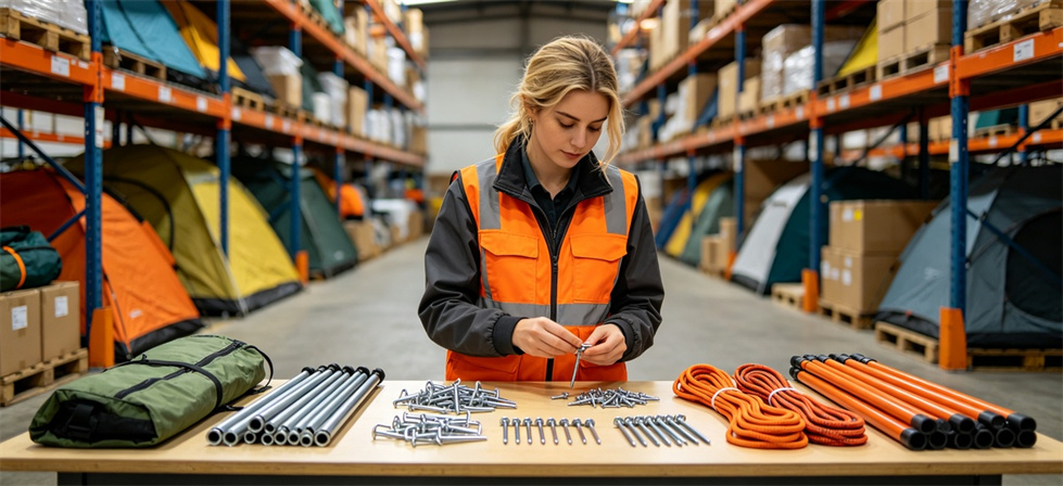 Frame tent accessories count shown for step 3 inspect the frame components in institutional relief tent procurement planning