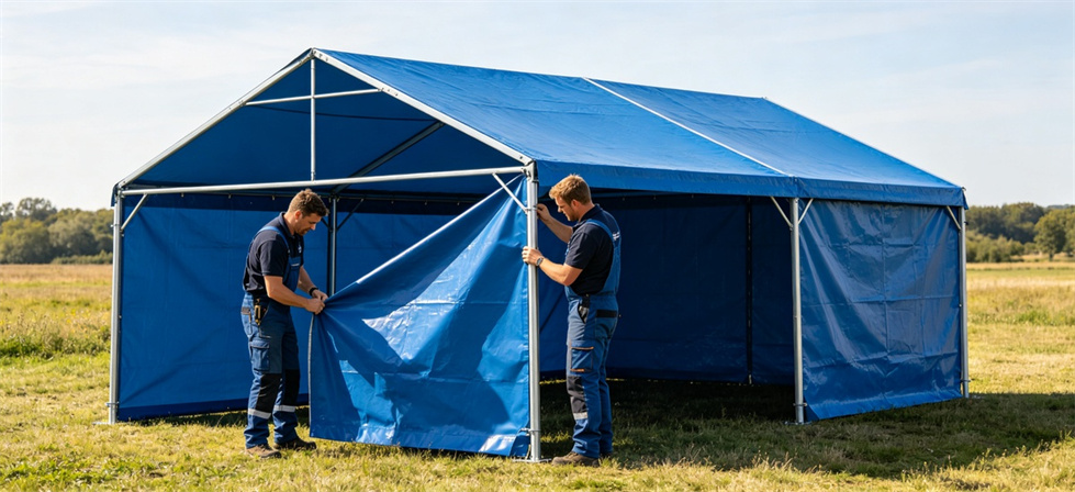 Frame tent assembly 12sqm shown for step 3 inspect the frame components in institutional relief tent procurement planning