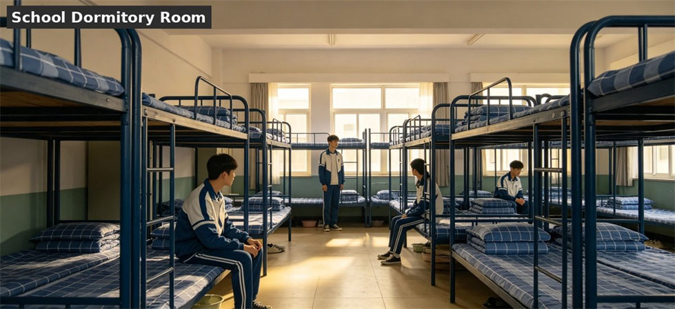 School dormitory room with multiple beds prepared for student housing supply planning and bulk bedding procurement
