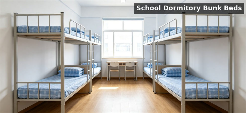 School dormitory bunk beds blue bedding scene for school dormitory supplies procurement and institutional supply planning